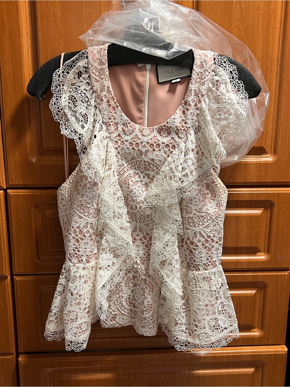 Alexis White Crochet Lace Ruffle Sleeveless Top with Blush Lining